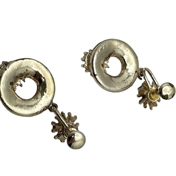 Vintage Screw-Back Pearl & Rhinestone Gold Tone Circle Drop Earrings - Picture 6 of 7